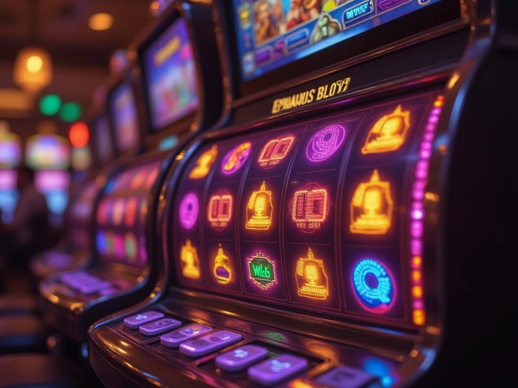 Exciting moment in an online slot game, showcasing vibrant spinning reels with Wild and Scatter symbols, set in a modern casino atmosphere.