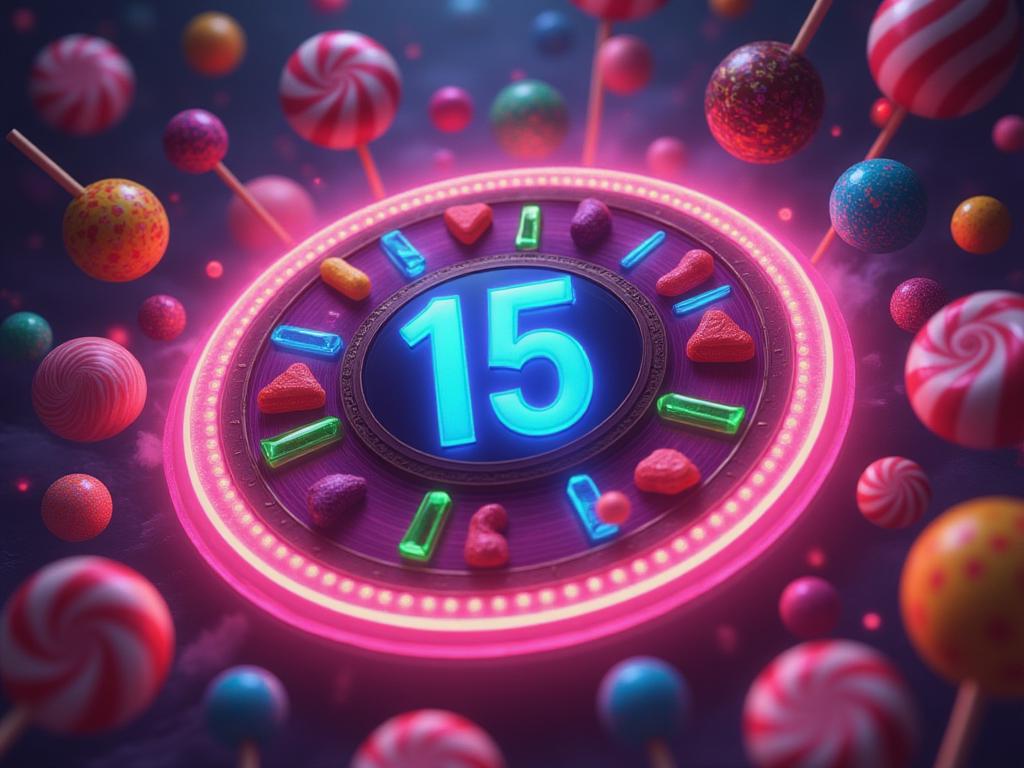 Exciting moment in the SUGAR RUSH slot game, with a spinning slot machine featuring colorful candy symbols and 15 free spins highlighted.
